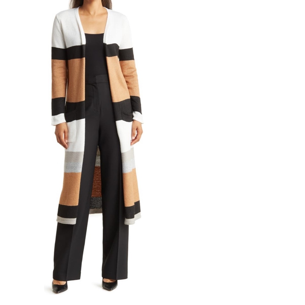BY DESIGN Elyssa Stripe Long Cardigan “FREDA” Multicolor Tan, Black & White- NWT